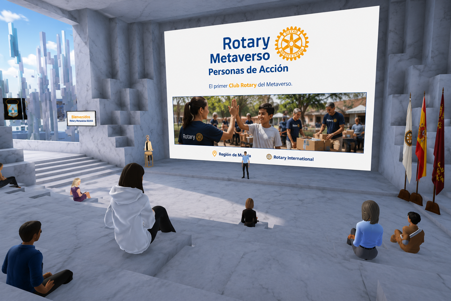 Reunión del Rotary Club Metaverso en un auditorio virtual